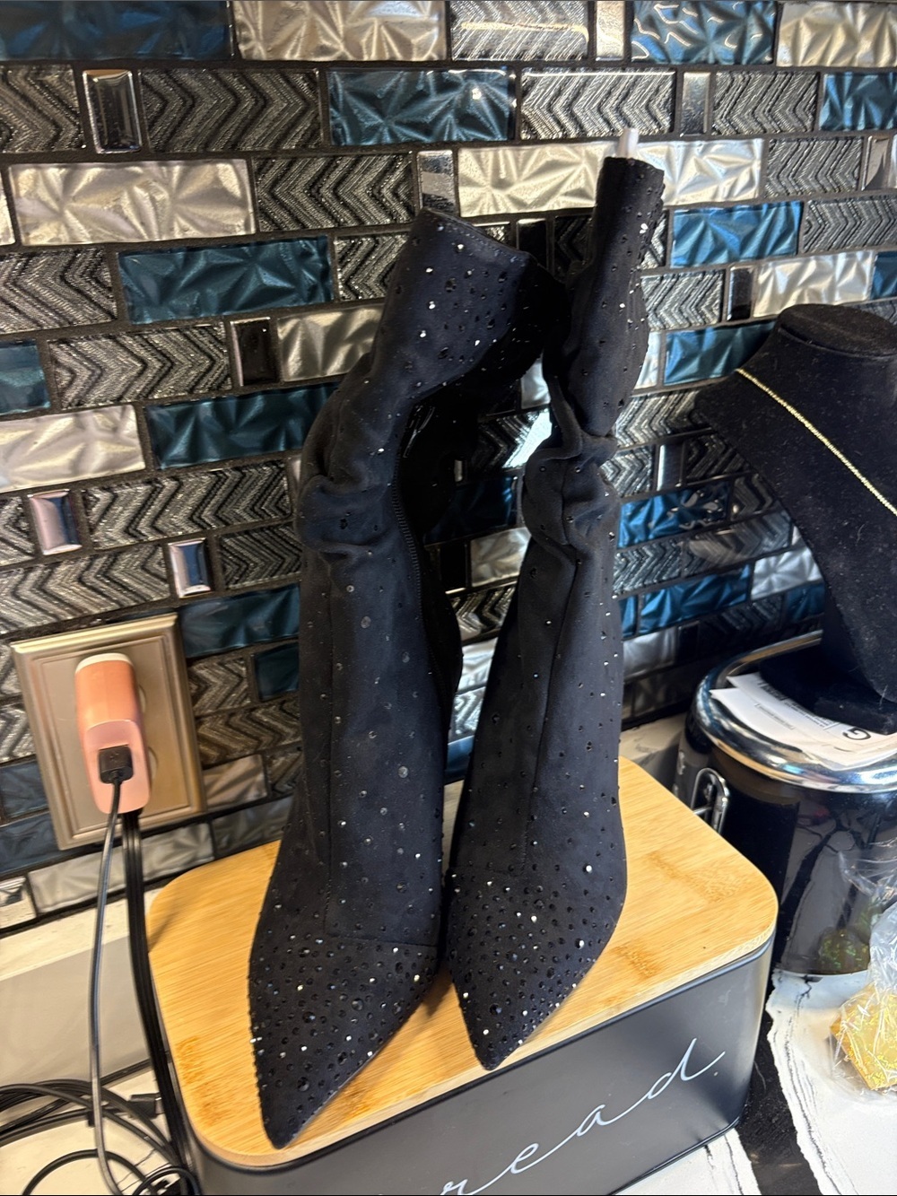 Thalia Sodi Black Rhinestone Pointed Sock Booties